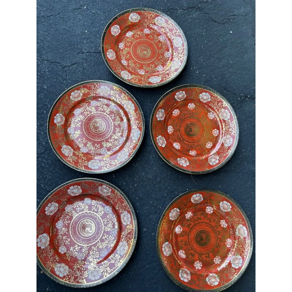 oriental 5 Plates Elite B Company Japan Floral Pattern Gold Accents handpainted